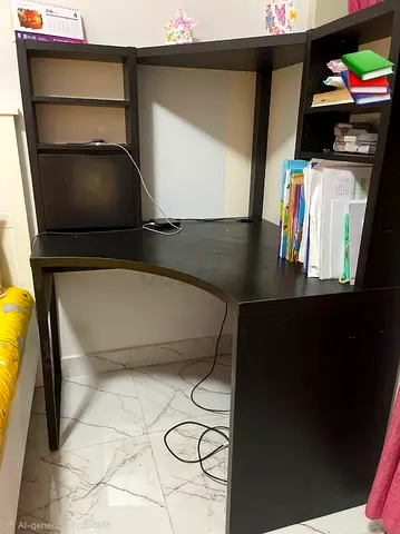 Corner Study Desk with Shelves - Dark Wood Finish- Ikea