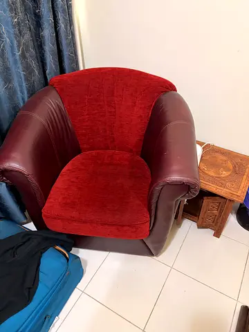 Used Burgundy Leather and Fabric Armchair - Comfortable Single Seat
