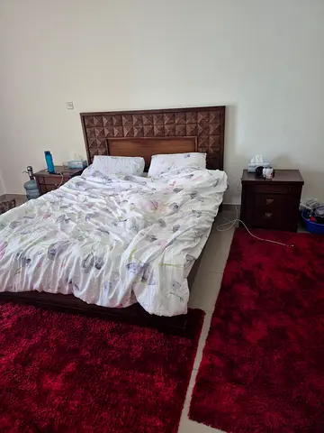Queen wooden bed frame with headboard and matching nightstand with wooden hairdresser, study desk