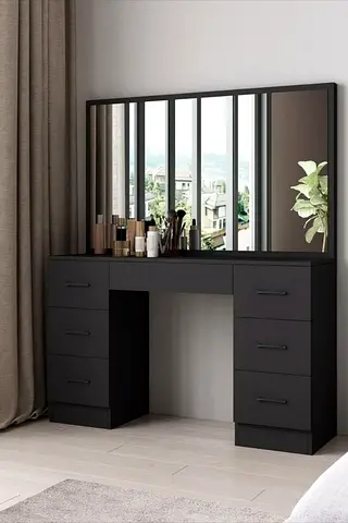 Black Dressing Table Vanity with Large Mirror and 6 Drawers