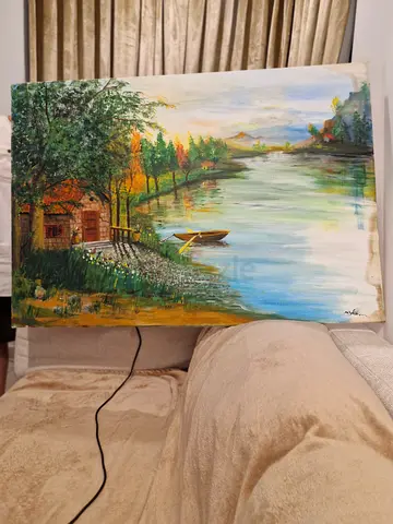 BIG Original hand painted Landscape Oil Painting of Lakeside Cottage and Boat