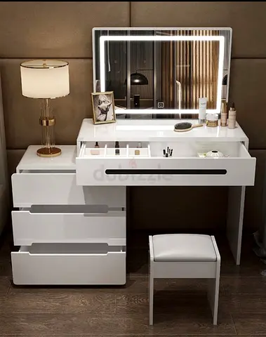 Modern White Vanity Dressing Table with LED Mirror and Stool