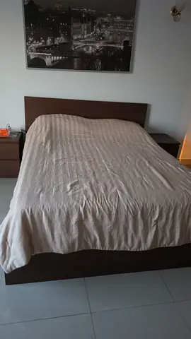 Double bed frame with headboard and matching bedside tables - dark wood