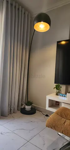 Modern arc floor lamp with woven gold shade and Solid base, Color- Black, With LED bulb