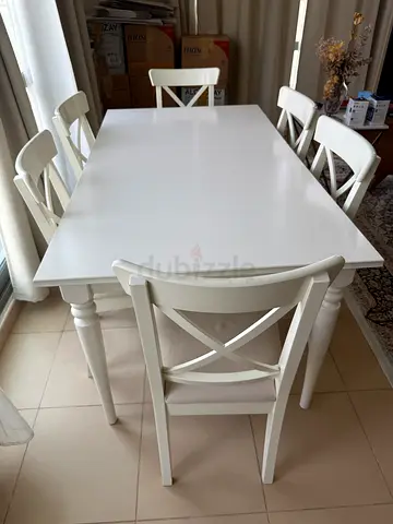 White Wooden Dining Table with 4 Matching Chairs - Good Condition