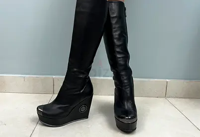 Black leather wedge knee-high boots, size womens