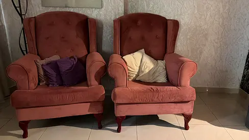 Pair of Pink Velvet Wingback Armchairs