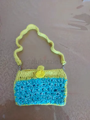 Handmade crochet small shoulder bag in yellow and turquoise