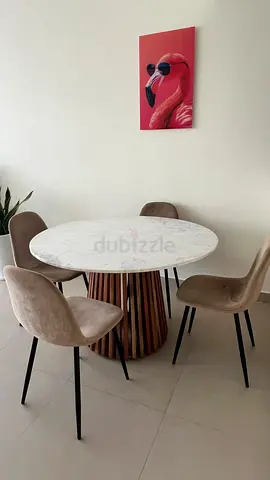 Round Marble Top Dining Table with Wooden Slat Base (Seats 4). 4 chairs included