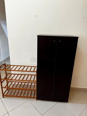 Shoe rack Two-door dark brown wardrobe in good condition with wooden bed slats included