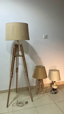 Set of 3 Beige Tripod and Table Lamps — Wooden Bases, Fabric Shades