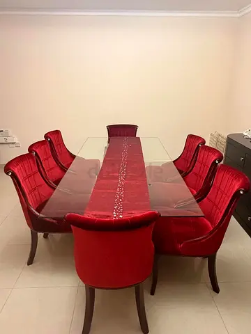 Glass Top Dining Table with 6 Red Velvet Chairs - Good Condition