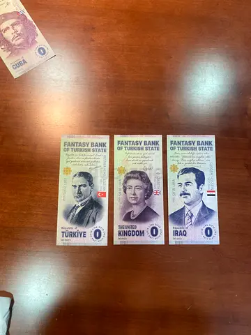 Set of Novelty Fantasy Bank Zero-Value Notes (Turkey, UK, Iraq) - Collectible