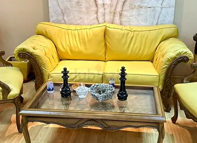 Yellow Leather Sofa Set Hand Made