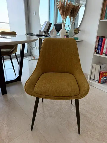 Set of 4 Mustard / Olive Green Upholstered Dining Chairs with Metal Legs