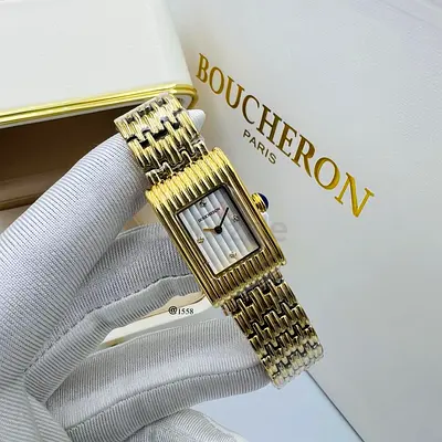 Boucheron Paris Ladies Golden-Tone Bracelet Master Quality Copy Watch - Elegant Rectangular Dial