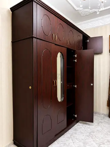 Large Dark Wood 6-Door Wardrobe with Mirror - Good Condition