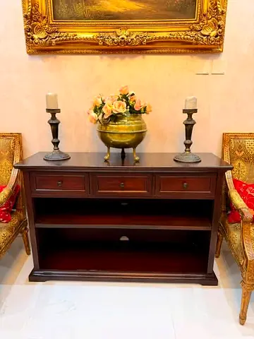 Solid Wood Console Table with Drawers and Open Shelves