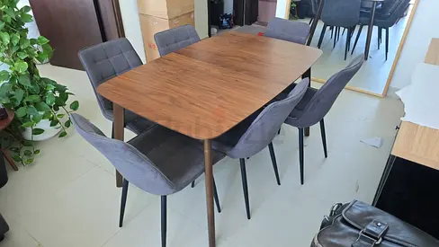 Wooden 6-Seater Dining Table with 6 Grey Upholstered Chairs - Good Condition
