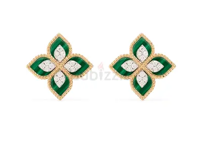 Roberto Coin Princess Flower Malachite Diamond Earrings – 18K Gold – Pristine Condition – Full Set