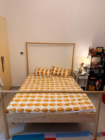 Ikea wooden canopy bed frame with mattress (Queen/Double) - light pine