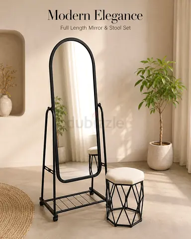 Full-Length Freestanding Mirror with Geometric Stool - Black Metal