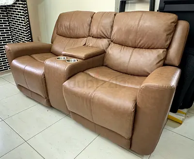 Brown 2-Seater Pan emirates faux Leather Recliner Sofa with Center Console and Cup Holders