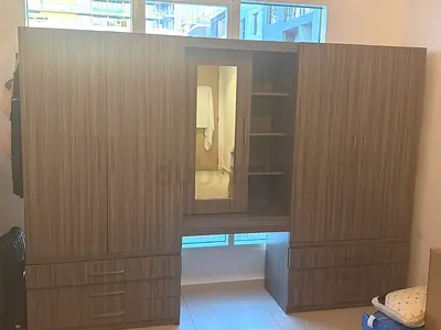 Spacious Large Wooden Wardrobe with Integrated Mirror and Drawers 9 foot long 200 cm high 51 cm deep