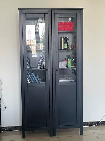 Black solid Wooden Display Cabinet / Bookcase with Glass Doors