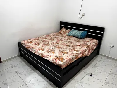 Black Double Bed Frame with Slatted Headboard and king size mattress double layer