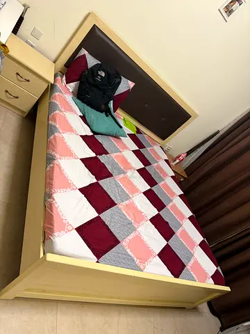 King size wooden bed frame and bedside drawer without mattress