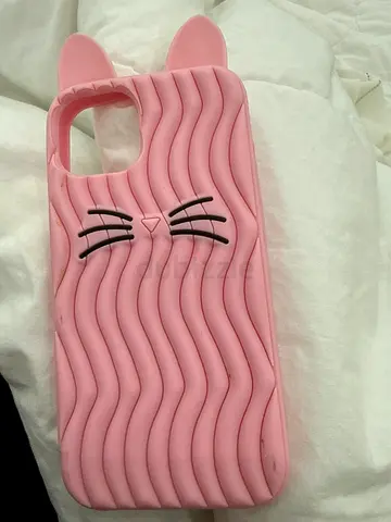 Pink silicone cat ear phone case iPhone 15 (fits large camera cutout)