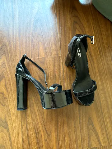 Black platform ankle-strap high heels, size 39