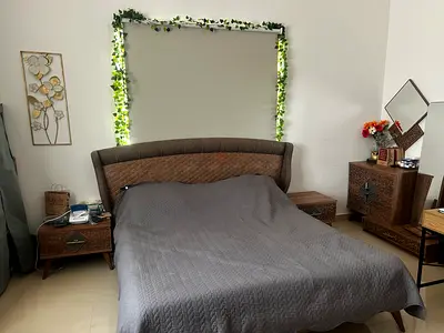 Ultra large king sized bed with mattress, side tables, dressing table and vanity mirror- excellent