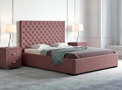Upholstered King Size Bed with Tufted Headboard - Dusty Rose