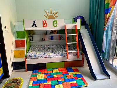 Full set bed kids lots of storage-without slide.Curtains and carpet included