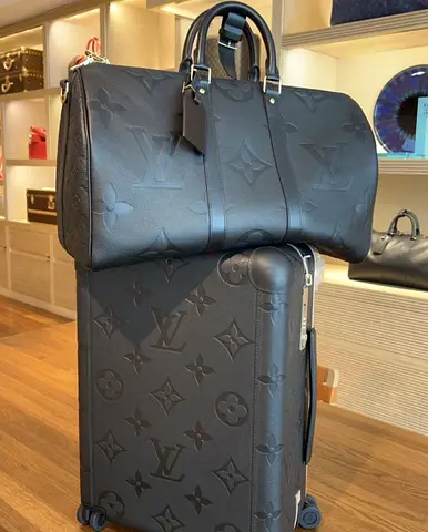 Louis Vuitton Monogram Embossed Black Rolling Suitcase with Matching Duffle