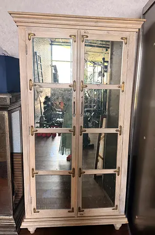 Marina Antique-style Mirrored Display Cabinet / Wardrobe - Whitewashed Wood 90!x 40 x185 cm