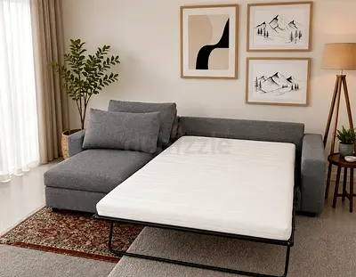 Space Saving Design
Title: Space-Saving Corner Sofa Bed with Pull-Out Mattress
Description: Designed