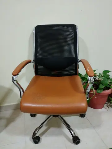Urgent Sale! Brown leather office chair with mesh back and A plastic chair, good condition