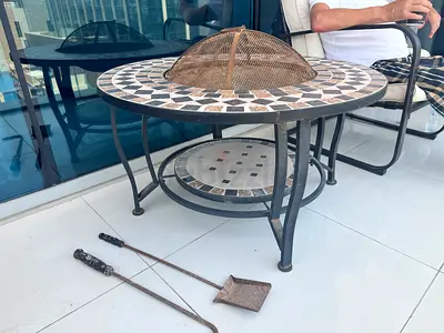 Outdoor mosaic round table with fire pit cover - metal frame