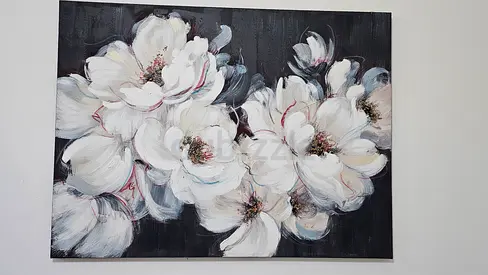 Framed Floral Oil-Style Painting — Large White Peonies on Dark Background