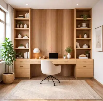 Custom Built-in Wooden Home Office Desk with Shelving — Light Oak