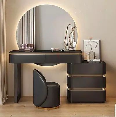 Modern dark grey dressing table set with round LED mirror and stool