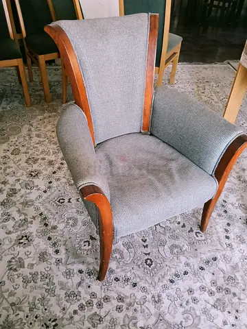 2 vintage wooden armchairs with grey upholstery — good condition
