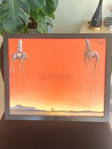 Dali-style Elephant Print on Orange Canvas (Framed)