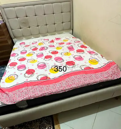 Queen fabric bed frame with padded headboard - good condition