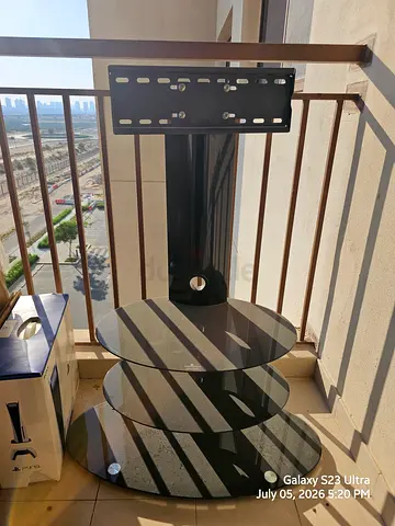 Glass TV stand with shelves - black frame, good condition