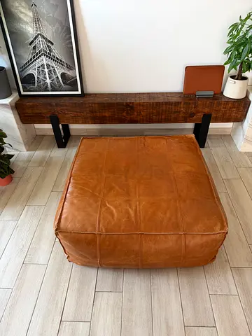 Square Tan Leather Pouf Ottoman