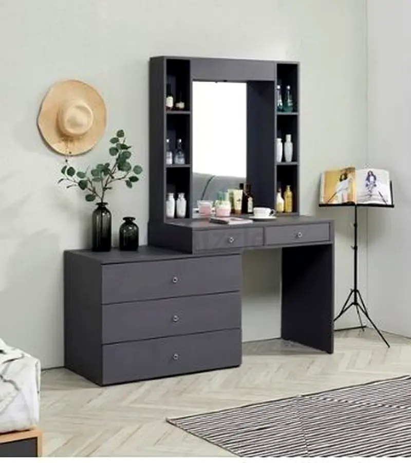dark grey dressing table Modern Makeup Vanity Table with Mirror & Stool Open Shelves & Drawers Wooden Bedroom Dressing Table Gray & Dark Grey 100x40x125.5cm Perfect for